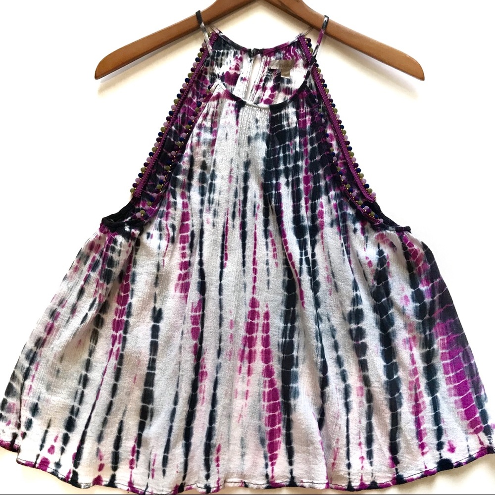 Tie-Dye Tank Top with Balled Fringe Sz L
